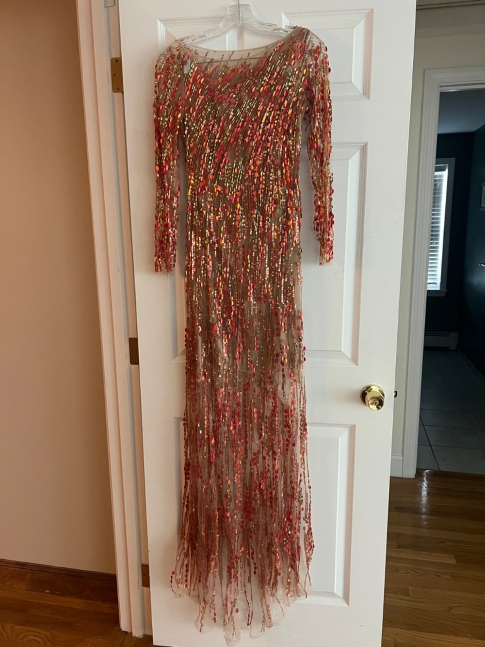Jenny Packham Nude Sequin Fringe Maxi Dress with Coral and Gold Accents